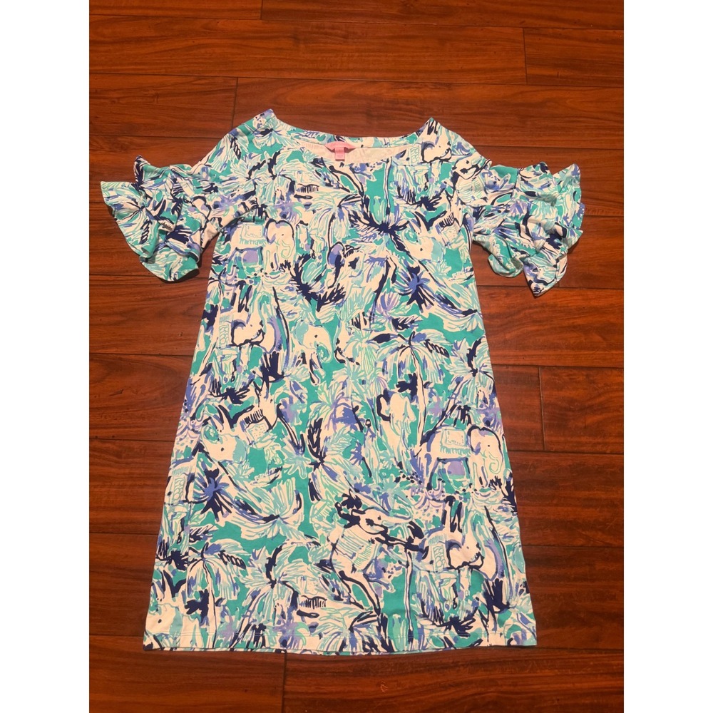 Lilly Pulitzer Ruffle Sleeve Shift Dress Blue Green Elephant Print Knit Size S